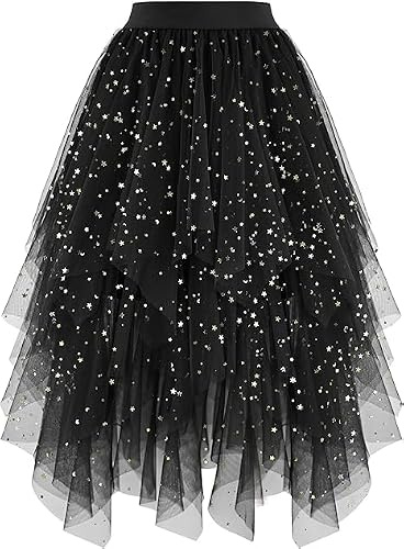 BEWECASU Women Tulle Skirts High Low Layered Puffy Fairy Skirts Midi Length Irregular Layered Mesh Tutu Skirts