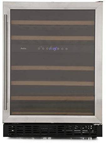 Amica AWC600SS Freestanding Undercounter Stainless Steel Wine Cooler with Triple Glazed Removable Door, LED Light and Dual Temperature Storage Zones