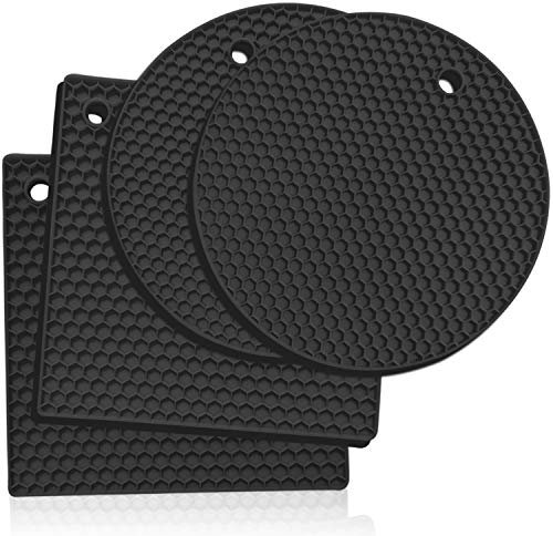 KITCHENATICS Silikon-Untersetzer: 4 Mehrzweck-Topflappen und Untersetzer - Topflappen-Set für warme Speisen - Küchen-Topfuntersetzer, Glasöffner, Löffelhalter, Untersetzer - Schwarz