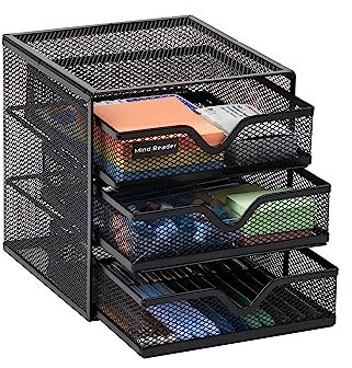 Mind Reader Network Collection, 3-Drawer Accessory Storage, Desk Supplies, Memo Holder, Paper/Binder Clip Basket, Desktop Organizer, Metal Mesh, 6.25 L x 6.5 W x 6.5 H, Black