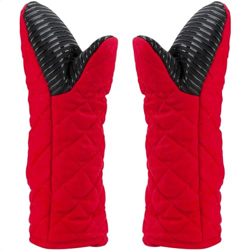 Lot de 2 Gants de Cuisine en Coton néoprène antidérapant à Manches Longues pour Femme, Maman, résistant à la Chaleur de 260 °C, Passe au Micro-Ondes, Cuisine, Cuisine, Biscuits, 33 cm, Rouge