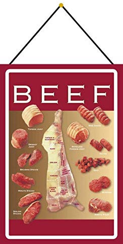 Blechschild 20x30cm gewölbt mit Kordel Beef Fleisch Produkte Fleischer Metzger Zuschnitte Deko Geschenk Schild