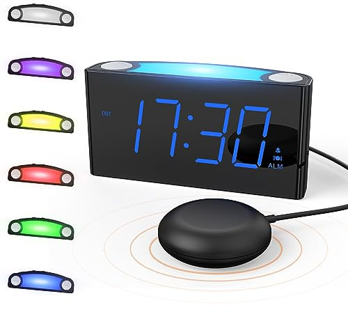 Vibrating Alarm Clock for Heavy Sleeper/Deaf/Hear Impaired, Loud Alarm Clock with Bed Shaker, 7 LED Display & Full Range Dimmer, 7-Color Night Light, 2 USB Ports, Plug-In Clock & Battery Backup