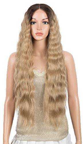 DÉBUT Super Lange Perücke mit Filmansatz Kunsthaar Wasserwelle Perücke mit Mittelscheitel Damen Lace Front Wigs 76cm 240g Kunstfaser synthetische Faser (TT6/23C)