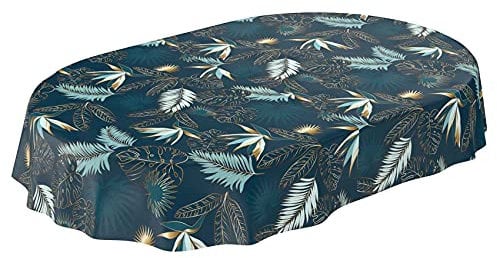 ANRO Wachstuchtischdecke abwaschbar Garten Tischdecke Wachstuch Rund Oval Eckig Indoor Outdoor Blätter Gold Blau Oval 240x140cm