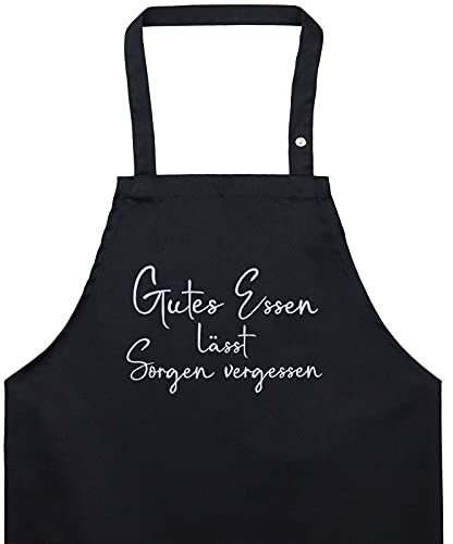 EXPRESS-STICKEREI Moderne Schürze für Frauen verstellbar mit Tasche - Kochschürze mit Spruch: Gutes Essen lässt Sorgen vergessen - bestickte Küchen-Schürze - Hobby-Koch Geschenk für Oma/Mama