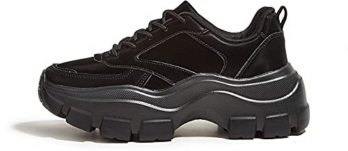 LUCKY STEP Zapatillas Deportivas de Plataforma Gruesa para Mujer Zapatos de Paseo Informales con Cordones (Negro, 8US-38EU-5UK)