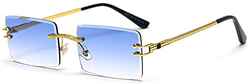 LIGOES Lunettes de soleil rectangulaires sans monture - Vert - Bleu - Verres miroir - Lunettes de soleil pour femme - Uv400 - Retro - Hommes - Teinté, Lentille bleue claire,