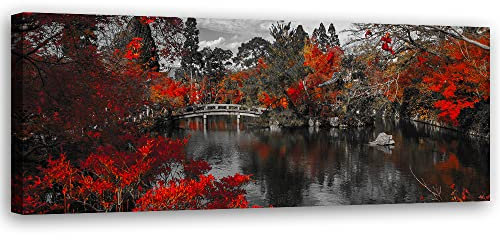 Feeby Vlies Leinwandbild Japan Asien Japanischer Garten Teich 150x50 cm Wanddeko Design Kunstdruck Zimmerdeko Bilderwand Orientalisch Abstraktion Natur Orange