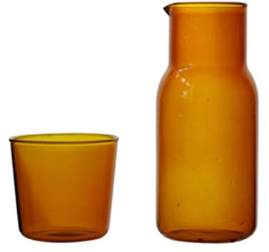 Bedside Water Carafe Set with Tumbler Glass,URMAGIC Clear Water Pitcher and Glass Cup Set(18Oz Bottle+8Oz Cup),Nightstand Drinking Glass with Pour Spout,Glass Juice Tea Pitcher,Water Cup (Brown)