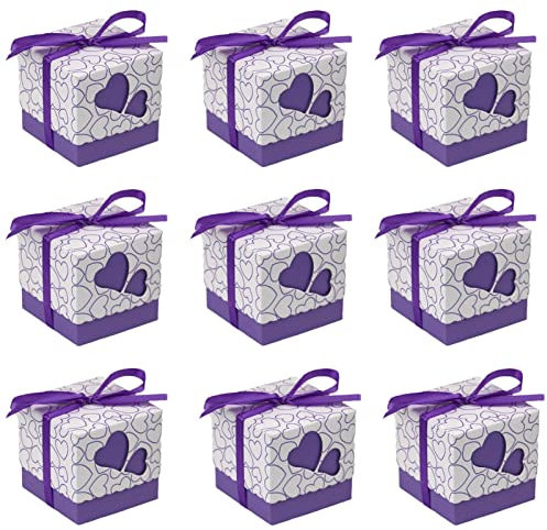 50pcs geschenkbox hochzeit, geschenkbox klein, taufgeschenke für gäste, gastgeschenke geburtstag, Boxen für SüßIgkeiten Mit Band Neugeborene Babydusche,Geburtstag,Taufe Geburt Party-Lila-52*52*5cm