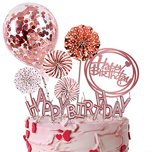 IEALODS Rose Gold Birthday Cake Topper Decoration with Happy Birthday Candles, Acrylic Birthday Cake Topper, Confetti Balloon and Paper Fans for Rose Gold Theme Birthday Party Decor Girl Women