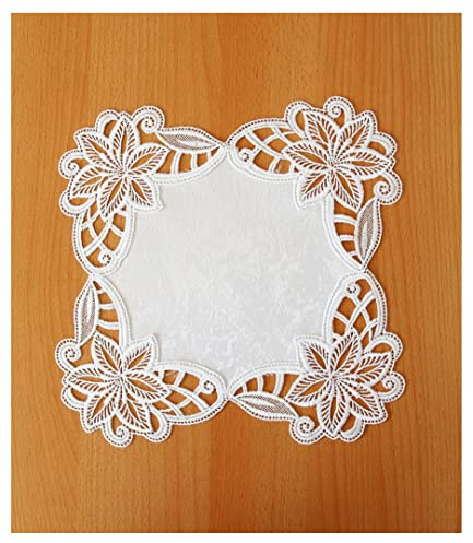 atelier alles-Spitze Kleine Weiße Spitzendecke Juliane mit Luft-Spitzenkanten | Zartes Deckchen mit Stoffmitte und detailreichen Blüten-Spitzenmotiven | Größe: 29 x 29 cm
