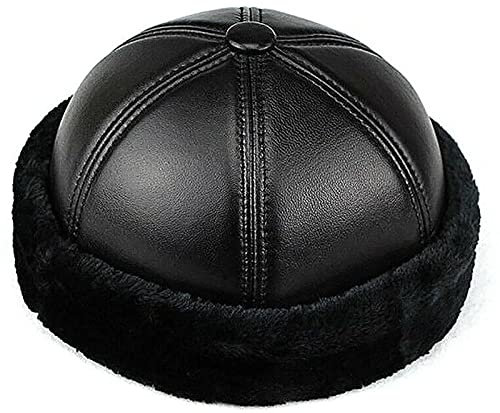 Schädelkappe aus echtem Leder, Matrosenmütze, Beanie, gerollte Manschette, Retro, randlose Beanie-Mütze aus echtem Leder für Herren (XL, Black Cashmere)