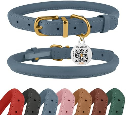 BRONZEDOG Hundehalsband aus gerolltem Leder mit QR-ID-Tag, verstellbar, weiche runde Halsbänder für kleine, mittelgroße und große Hunde, Welpen, Katzen (Denim, 23-28 cm)
