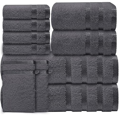 Casabella Luxury Bath Towel Set- 10 Piece Towels for Bathroom 100% Cotton-2 Bath Towels, 2 Hand Towels, 4 Face cloth & 2 Body Wash Gloves Highly Absorbent Hotel Quality Towel Bale Set Grey