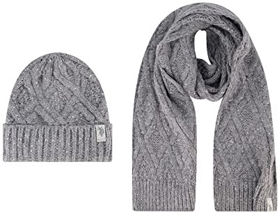 U.S. POLO ASSN. Damen Mütze Set, Diamant Pailletten Zopfmuster Wintermütze und Schal Beanie, GRAU, Einheitsgröße