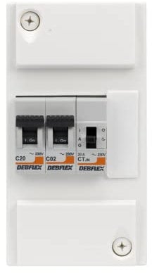 DEBFLEX - Coffret Chauffe-Eau - Tableau Electrique 1 rangée/4 Modules - 1 Contacteur Jour/Nuit Chauffe-Eau + 1 Disjoncteur 2A + 1 Disjoncteur 20A - Pose en Saillie