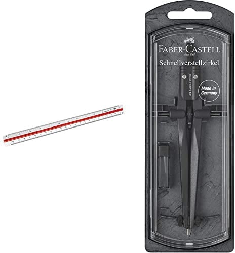 Wedo 5255001 Dreikantmaßstab (Architekt 1, aus Kunststoff, 30 cm, Skalierung 1:20, 1:25, 1:50, 1:75, 1:100, 1:125) weiß & Faber-Castell 174530 - Schnellverstellzirkel Stream, Blackstone, 1 Stück