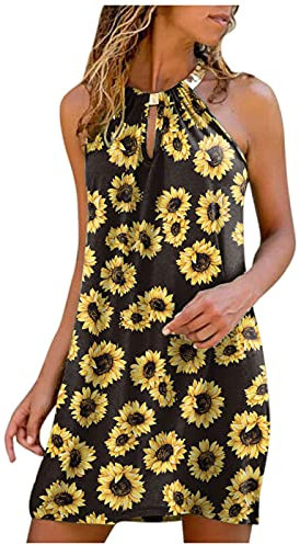 2023 Damen Kleid Blümchen Kleider Knielang A-Linie Sommerkleid Böho Hohe Taille 2-in-1 Freizeitkleid mit Gürtel Kleider Große Größen