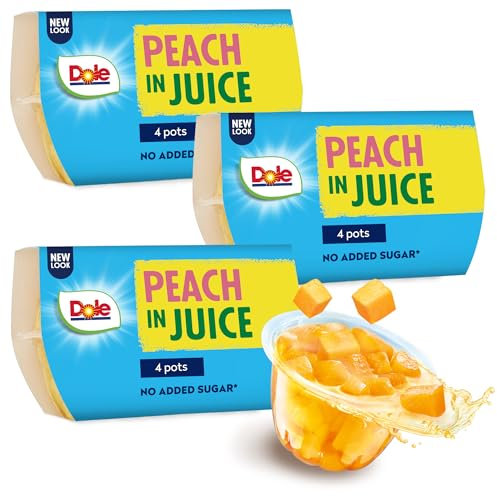 Dole Peach In Juice 3 x 4 Packs, Healthy Snack Made with Fresh Fruit, No Added Sugar Fruit Bowls, Perfect for Breakfast & Dessert or Adding to Recipes