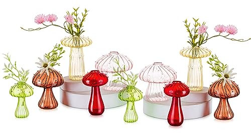 Hewory Champiñón Bud Vase Floreros de Cristal para Flores, Juego De 10 en Forma de Seta Florero Pequeños Jarrones para la Decoración de la Mesa, Jarrón de Cristal de Color Seta Decoración