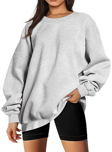 Timuspo Rundhals-Sweatshirt Fleecepullover für Damen,Langarmshirt lässige Oversize-Tops Pullover Damen, Grau, L