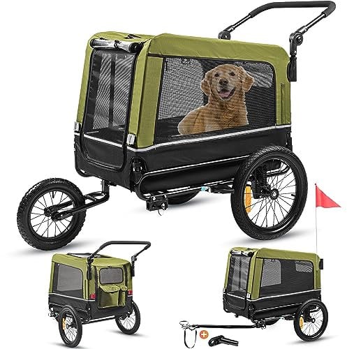 Hundeanhänger 3in1 Fahrradanhänger, Hundebuggy, Jogger für Hunde, großer Laderaum 240 Liter, Hundewagen mit Dual Federung, faltbar (Grün)