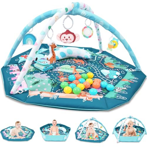TFDER 8-in-1 Baby Spieldecke mit Spielbogen, Multifunktionsspielbogen für Neugeborene mit Bällebad,18 Bällen und 7 abnehmbaren sensorischen Spielzeugen, Krabbeldecken für Babys ab 0+ Monaten(Olivgrün)