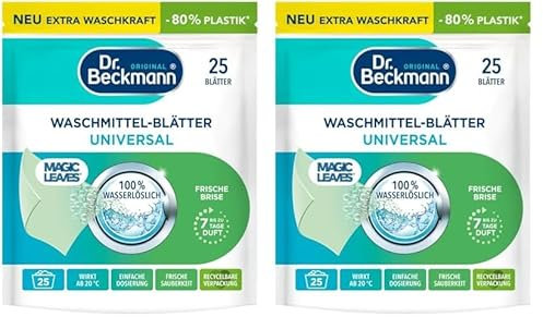 Dr. Beckmann MAGIC LEAVES Waschmittel-Blätter UNIVERSAL | vordosierte & wasserlösliche Waschblätter | platzsparend und leicht anzuwenden | 25 Blätter (Packung mit 2)