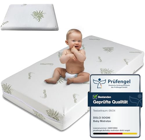 DOLCI SOGNI Materasso Lettino 60x120 cm Spessore 10 cm, OEKO-TEX® e CertiPUR™ Materasso Culla Bambino per Lettino Neonati, Fodera in Aloe Vera, Materasso Lettino Neonato con Cuscino 30x50x4 cm