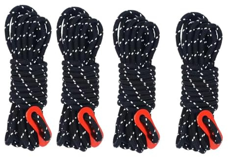 Tgpiao 4Pack Duty Camping Rope - 4mm Outdoor Reflective Guy Lines with Tensioner Adjuster Strong Nylon Cord for Tent Tarp, Canopy Shelter, Camping, Hiking, Backpacking (Black)