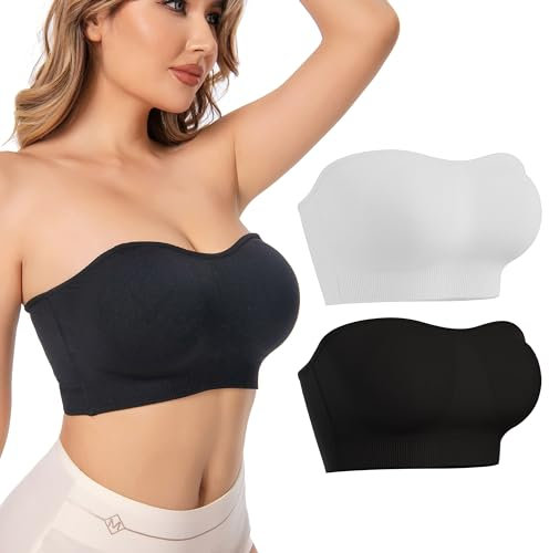 SHOCHX Trägerloser BH für Damen, Rutschfester Gepolsterter Bandeau-BH, Kabelloser Nahtloser Bralette Schlauch Top BH, Black+White,XL