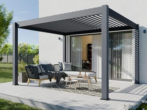 Direct ABRIS Pergola Bioclimatique Aluminium Autoportée 12m² - 3x4m - Anthracite - 24 Lames en Acier Galvanisé Inclinables a 90° - Auvent - Tonnelle - Orion