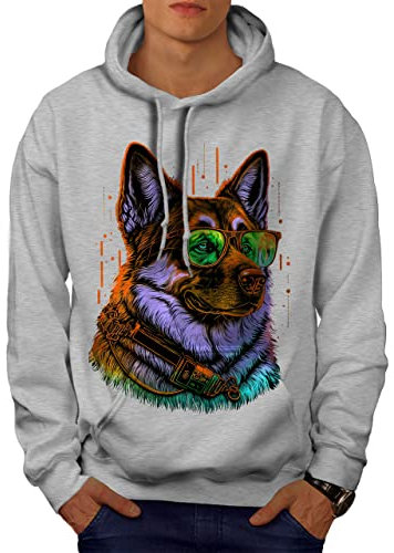 Wellcoda Cyber Synthwave Hund Hipster Kühlen Männer Kapuzenpullover Grau 4XL