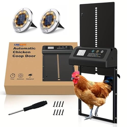 UniEgg Chatière à poule en métal de qualité supérieure - Batterie - 2 x LED solaire - 3ème génération - Chickenguard - Fonction minuterie - Noir - Convient pour chiens, chats, rongeurs et poules |