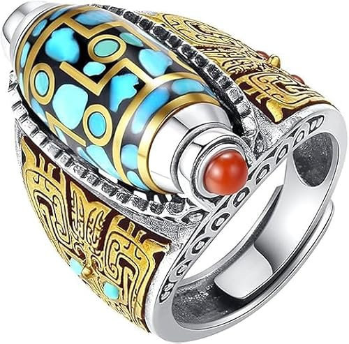 Generic Türkisfarbener Ring mit sechs Charakteren, Mantra, neunäugige Perlen, Spinnerring, Feng Shui, Glücksbringer, Meditationsring für Männer und Frauen, Kupfer