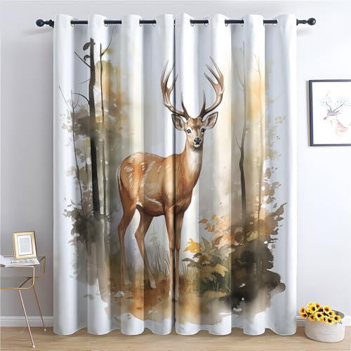 ADEIRO Vorhänge Hirsch, Wald Tier Vorhang Blickdicht Verdunklungsvorhänge mit Ösen für Wohnzimmer Schlafzimmer, 2er Set Gardinen Curtains 137 x 117 cm (H x B)