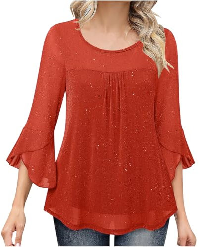 Womens Blouses Ruffle 3/4 Sleeve Tunic Tops Glitter Sparkly Party Blouse Crew Neck Fall Going Out Shirt Knitted Top Shiny Glitter Stamped Elegant Dressy Casual Mesh Top