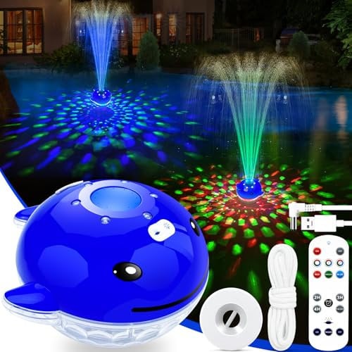LanBlu Fuente Flotante Piscina con Espectáculo de Luces, Fuente para Piscina Recargable con Mando a Distancia, Fuentes de Agua para Piscinas con 2 Modos de Pulverización, Fuentes Piscinas Desmontables