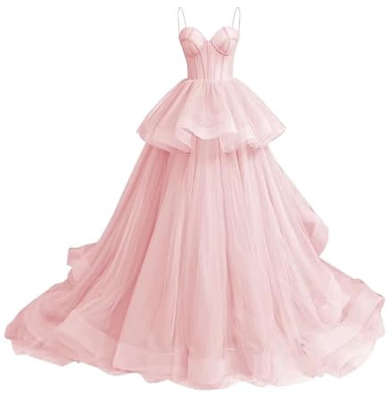 Robe de bal en tulle à bretelles spaghetti pour femme - Robe de bal de princesse à volants - Robe de soirée longue et formelle, rose, 50 Grande taille