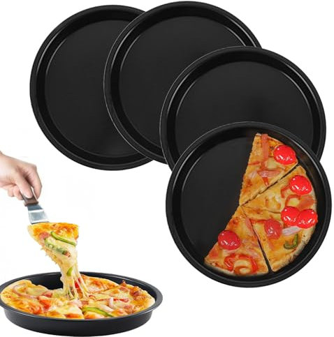 Pizzablech 4er-Set,Pizza Blech,Pizzateller Rund,Quiche Backform,Antihaftbeschichtet,Schwarz Backblech für Pizza, Flammkuchen, Kuchen - GleichmäßIge Hitze & Leichte Reinigung 2,3 cm (h) x 18.1 cm(7)