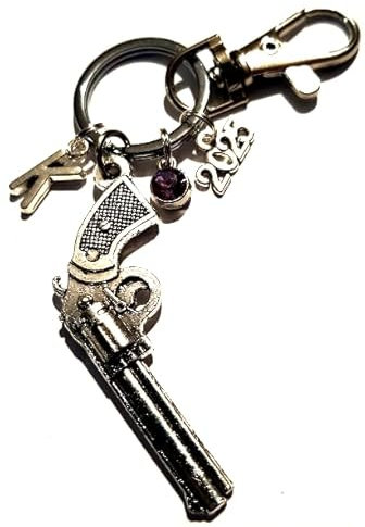 Royal Swan Personalised Gun Keychain with Initials, Birthstone & The Present Year in a Velvet Gift Bag. Handgun Keyring.