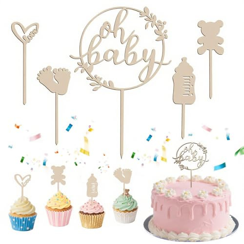 Pack of 5 Baby Shower Cake Toppers Oh Baby Decoration Cake Topper Gender Reveal Party Decoration Baby Shower Decoration Wooden Nappy Cake Topper Children's Christening Decorate Cake Topper for Girls
