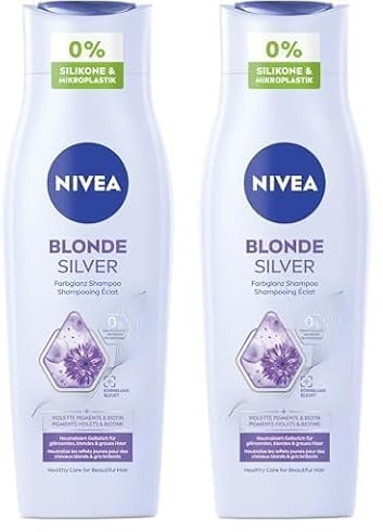 NIVEA Blonde Silver Farbglanz Shampoo, Silbershampoo frischt blondes, silbernes & graues Haar auf, pflegendes Haarshampoo mit violetten Farbpigmenten, Kornblume & Biotin (250ml) (Packung mit 2)