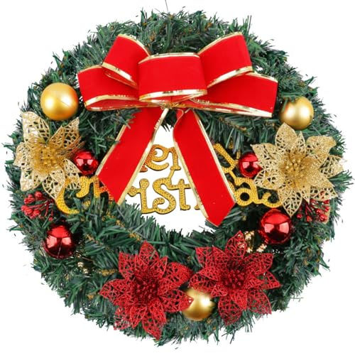 LATERN 30CM Weihnachtskranz, Künstlicher Haustür Weihnachtskranz Weihnachtsgirlande mit Schleife Glitzerblume Rote Beeren Kugel für Tür Wand Kamin Fenster Christmas Baum Dekoration