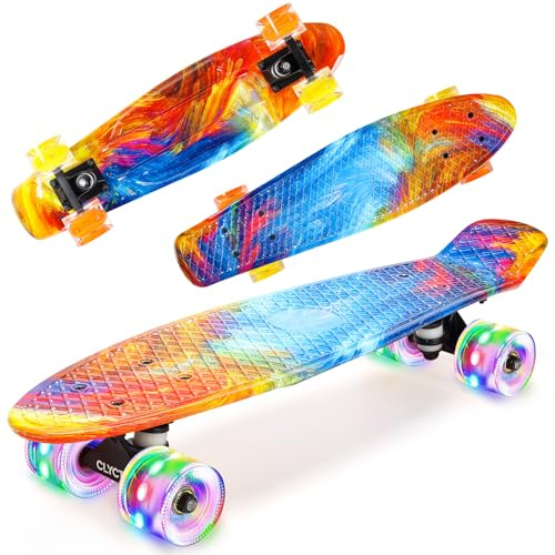 CLYCTIP Skateboard, 22 Zoll komplettes Mini Cruiser Board mit bunten blinkenden Rädern und ABEC-11 Lagern für Kinder, Jungen, Mädchen, Anfänger