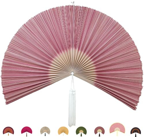 ChumDecor Bamboo Fan Wall Decor, Japanese Wall Fan, Red Pink 31 in | Cute Decorative Oriental and Asian Style Hanging Piece for Above the Bed Headboard Nightstand or Small Living Room