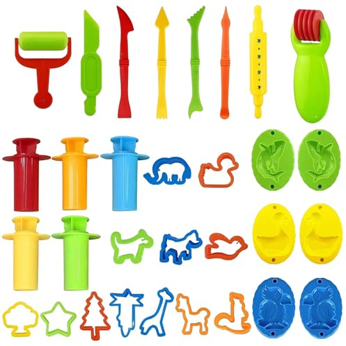 31Pcs Play Dough Tools Set, Playdough Accessories Kit with Cutters, Rollers, Molds & Clay Extruder (Random Colors)