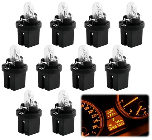 joonnair 10 Stück T5 B8.5D 12V 2W Armaturenbrett Glühbirnen Set warmgelb Halogen mit Fassung einfache Montage Ersatzlampen für T5 17 18 27 37 58 70 73 74 79 usw